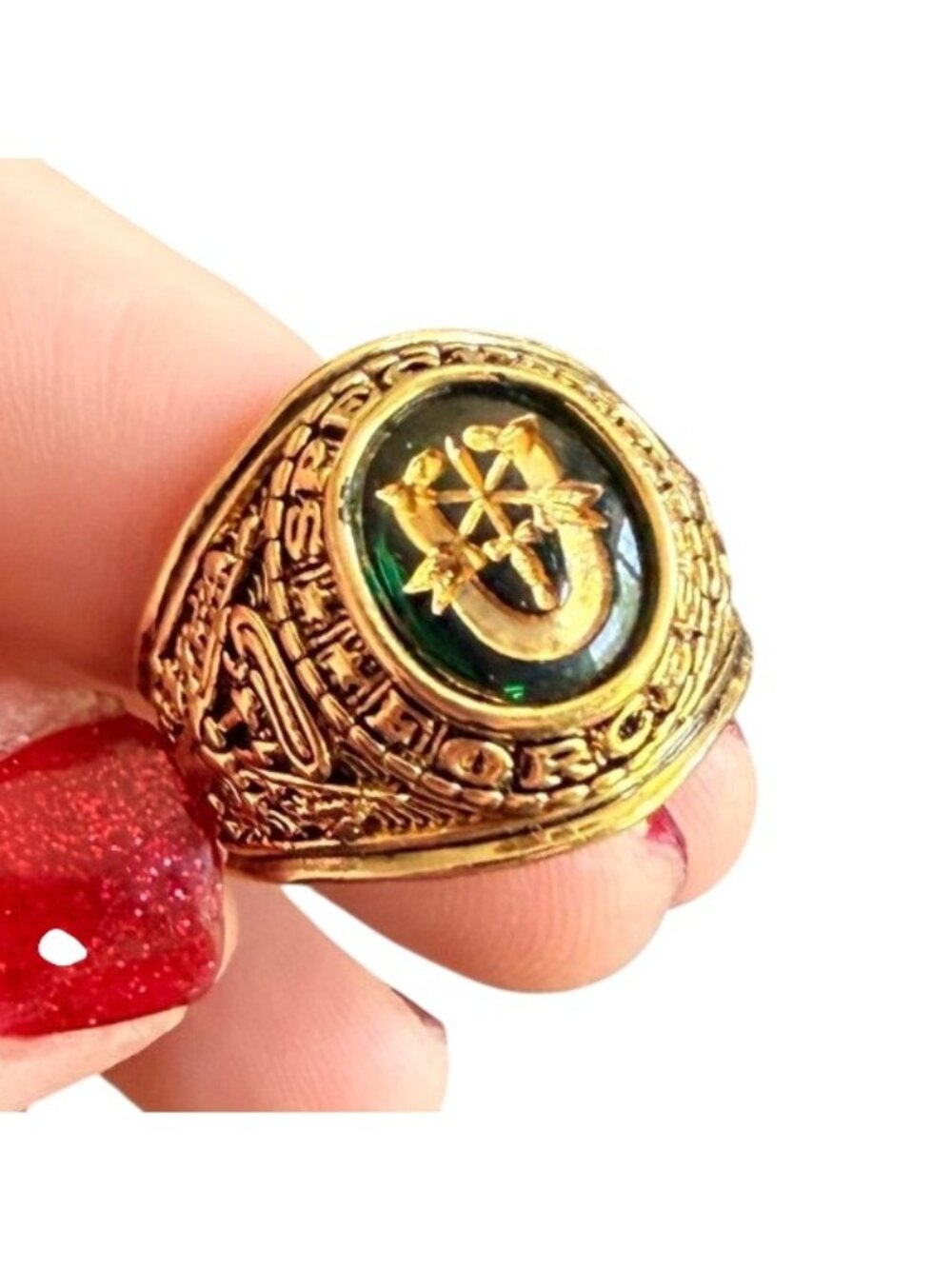 Vintage US Army Special Forces 18k Ring Electroplated 9 Military Green Stone
